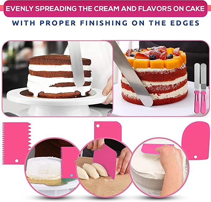 RFAQK 35 PCs Cake Decorating Kit with Cake Turntable -Leveler- Cake Stand with Non slip Base-7 Piping Tips & 20 Bags-Straight & Offset Spatula- Scraper Set-EBook-Cake Decorations & Baking Supplies Set