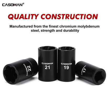 CASOMAN 5 Pieces 1/2" Dr. Twist Socket Set, Lug Nut Remover Tool, Metric Bolt and Lug Nut Extractor Socket Tools