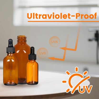 2 oz Amber Glass Dropper Bottles- 24 Pack Boston Bottle with Leakproof Caps for Essential Oils and DIY- Bonus 4 Funnels, 1 Brush＆24 Labels