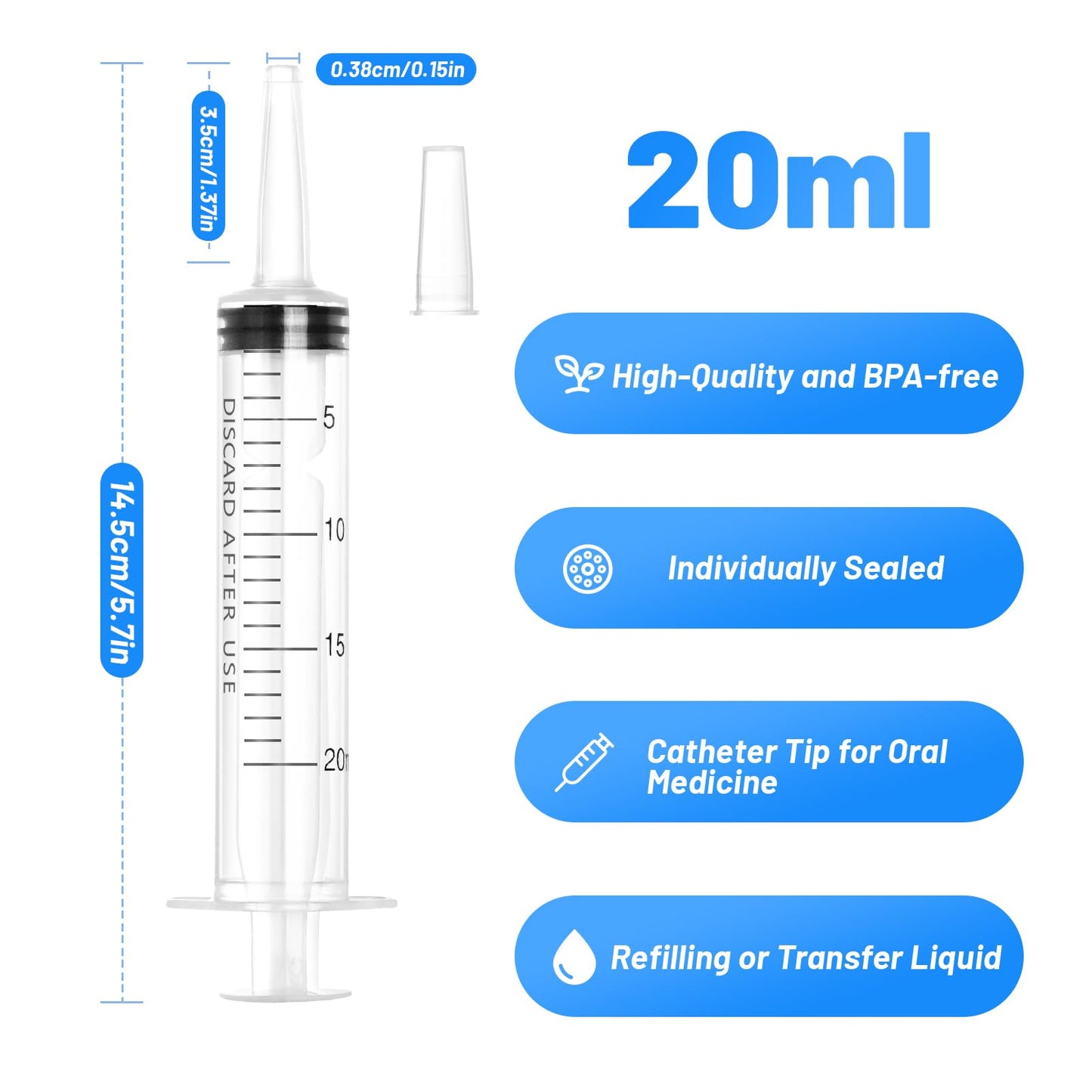 20ml Plastic Syringe with Cap, Large Syringes without Needle for Liquid, Scientific Labs, Measurement, Pet Feeding ,Ink Refilling ,Oil or Glue Applicator, Individually Wrapped (30 Pack)