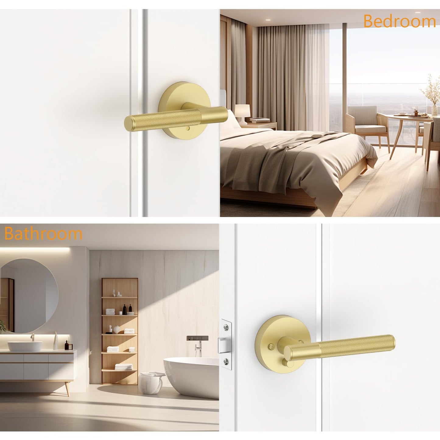 Amerdeco Brushed Gold Privacy Knurled Door Handles, Heavy Duty Interior Bedroom and Bathroom Lever, 1 Pack (AM0016)
