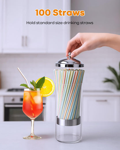 Straw Holder for Counter with Bring 100 Straws, Straw Dispenser for Counter with Stainless Steel Lid, Easy-Load Glass Straw Holder Home, Office, Restaurant Use