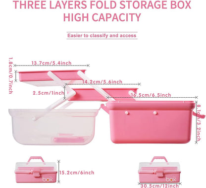 30cm Three-Layer Multipurpose Storage Box Organizer Folding Tool Box/Art & Crafts Case/Sewing Supplies Organizer/Medicine Box/Family First Aid Box with 2 Trays (Pink)