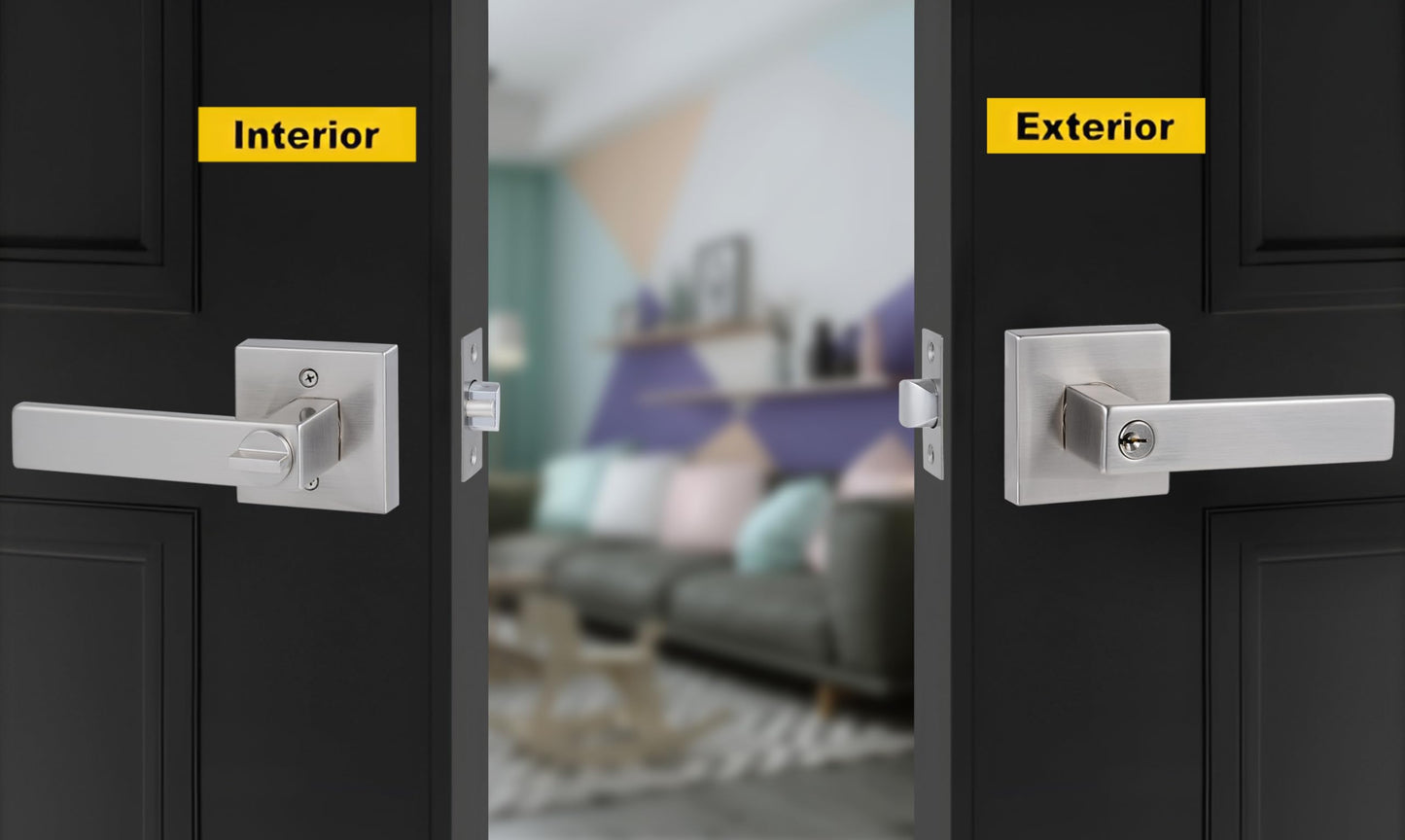 Comfhouse Modern Square Heavy Duty Entry Door Lever, Keyed Entry Door Handle,Zinc Alloy Door Handle, Exterior & Interior Entry Lock with Same Keys, Satin Nickel Finish, 1 Pack