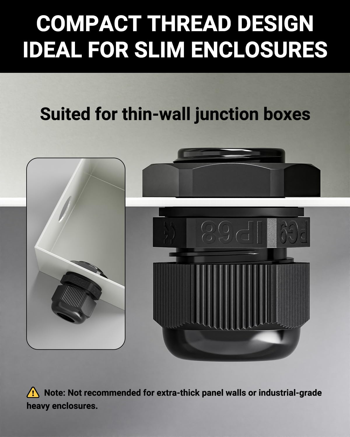 VCELINK 60Pcs IP68 Waterproof Cable Gland Kit - PG7/9/11/13.5/16/19 Thread, Adjustable for 3-18mm Cable Diameter, Black Nylon Cord Grip Connectors, Black