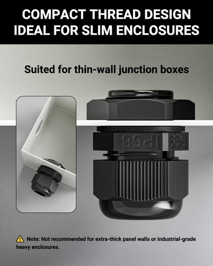 VCELINK 60Pcs IP68 Waterproof Cable Gland Kit - PG7/9/11/13.5/16/19 Thread, Adjustable for 3-18mm Cable Diameter, Black Nylon Cord Grip Connectors, Black