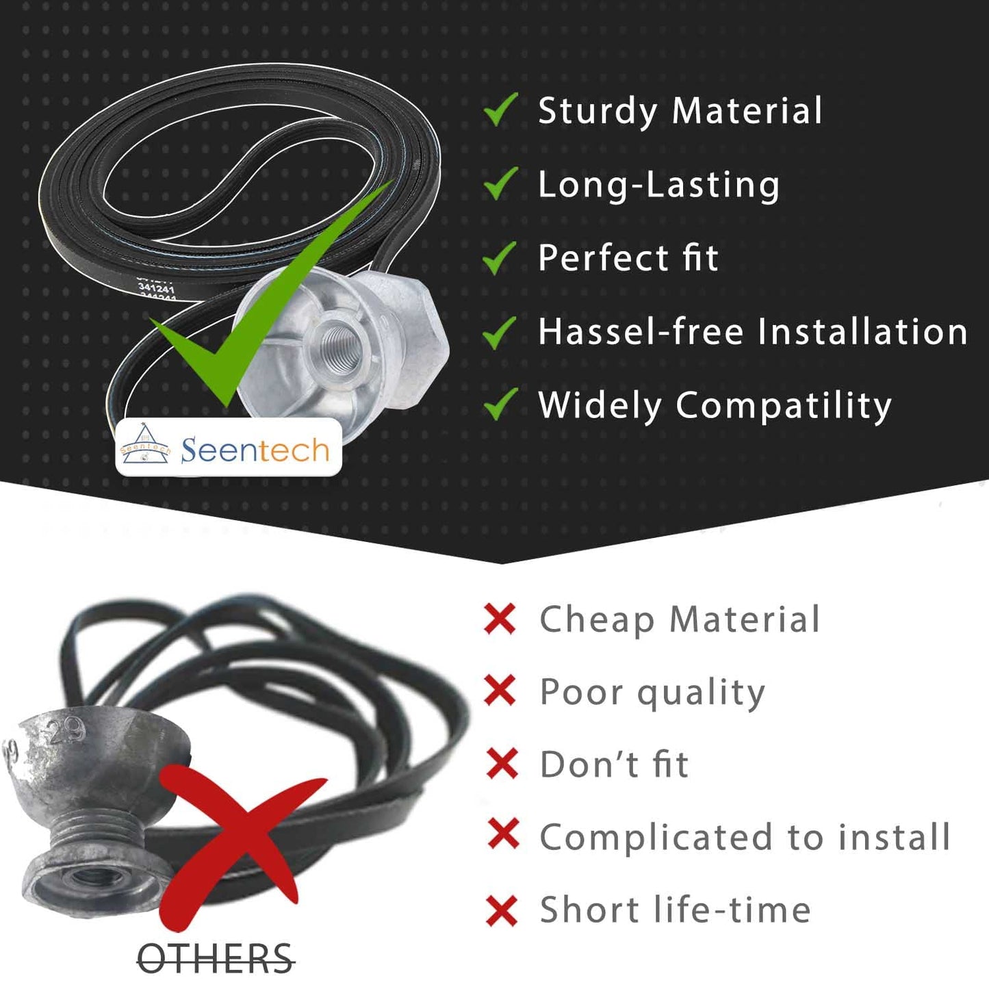 Seentech 341241 Dryer Belt & 8066184 Motor Pulley - Compatible for Whirlpool, Kenmore Dryers – Replace part number: PS11744884, W10290525, WP8066184VP, AP6011686, 8578565, W10299847, 3389627, 694871