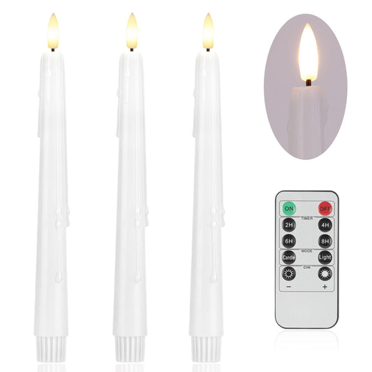 AFINETH Flameless Taper Candles with Rmote, 9.6" Dripless Battery Operated Candles, 3 Pack Real Wax Led Flickering Candlesticks with 3D Flame, Fake Candle for Home, Wedding, Party, White
