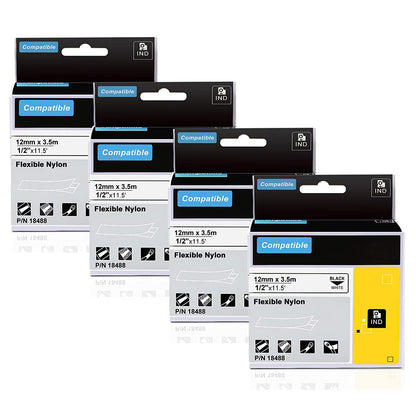 4 Pack Replacement DYMO 18488 Rhino Industrial Flexible Nylon Label Tapes for DYMO LabelWriter and Industrial Rhino 5200, 4200, 6000 Label Makers and More, Black on White, 1/2 inch x 11.5 feet