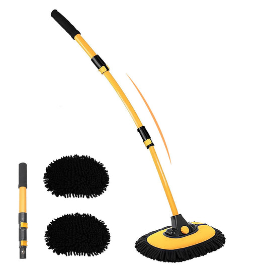 43" Car Wash Brush with Long Handle, Car Wash Mop with 2 Replaceable Microfiber Head, 15° Telescopic Curved Microfiber Cleaning Mop Car Washing Kit for RV Truck Camper Automotive Broom Accessories