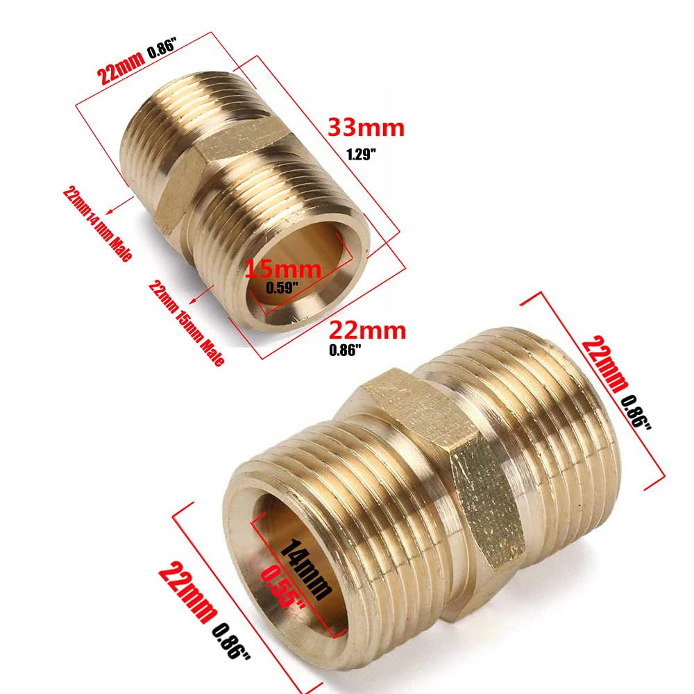 Pressure Washer Hose Coupler M22 Metric Male Thread Fitting M22 14mm to M22 15mm Adapter Solid Brass 4500 PSI Garden Hose Thread Male to Female Adapters (2 Pack)