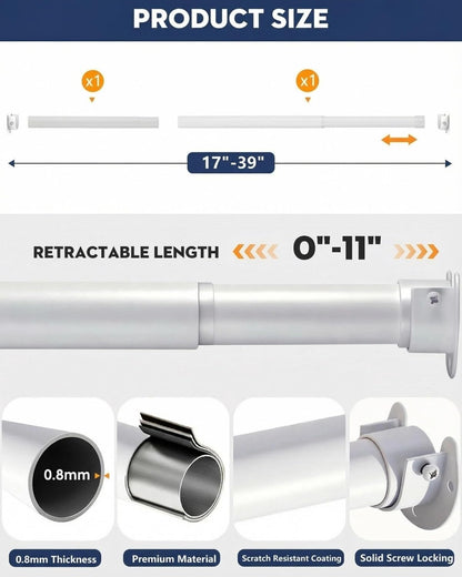 ASULUPHY Heavy Duty Closet Rod, 17-39 in Adjustable Closet Bar For Hanging Clothes, Telescopic Metal Closet Pole, Ideal for Laundry, Wardrobe, RV, Cloakroom, Bathroom-White