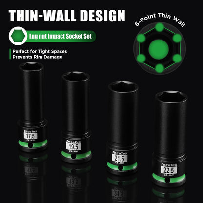 TecoTek 4PCS 1/2" Drive 1/2 Size Thin Wall Lug Nut Socket Set, Half Size Wheel Socket, 17.5mm, 19.5mm, 21.5mm, and 22.5mm, CR-MO, for Damaged, Swollen and Stuck Lug Nuts