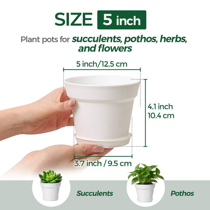 T4U 5 Inch Plant Pots 8 Pack, Plastic Planters with Drainage and Saucers, DIY Beginner Plant Kit for Indoor Gardening, Flower Pots for Repotting Pothos, Herbs and Spider Plants(White)