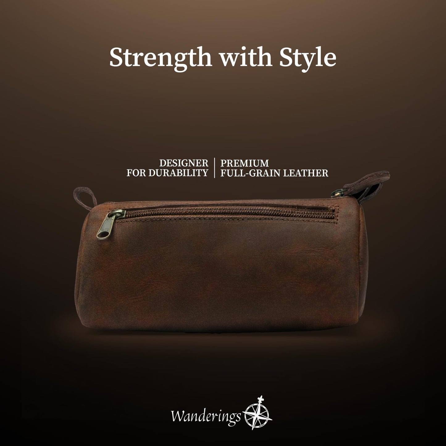 Wanderings Small Triangle Leather Pencil Pouch – 8.5" / 21.6 cm – Handcrafted Full-Grain Leather Zipper Case – Compact Brown and Stylish Pencil Case for Artists, Travel Makeup, Jewelry, and Purse Bag