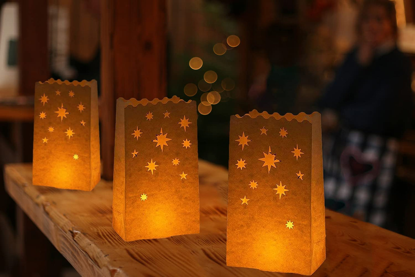 Stmarry White Paper Luminary Bags - 50-Pack Candle Lantern Bags, Fire-Retardant, Star Luminaries for Christmas, Weddings, Birthday Party Decoration, Use with Tealights, Votive, 5.9 x 10 x 3.5 Inches