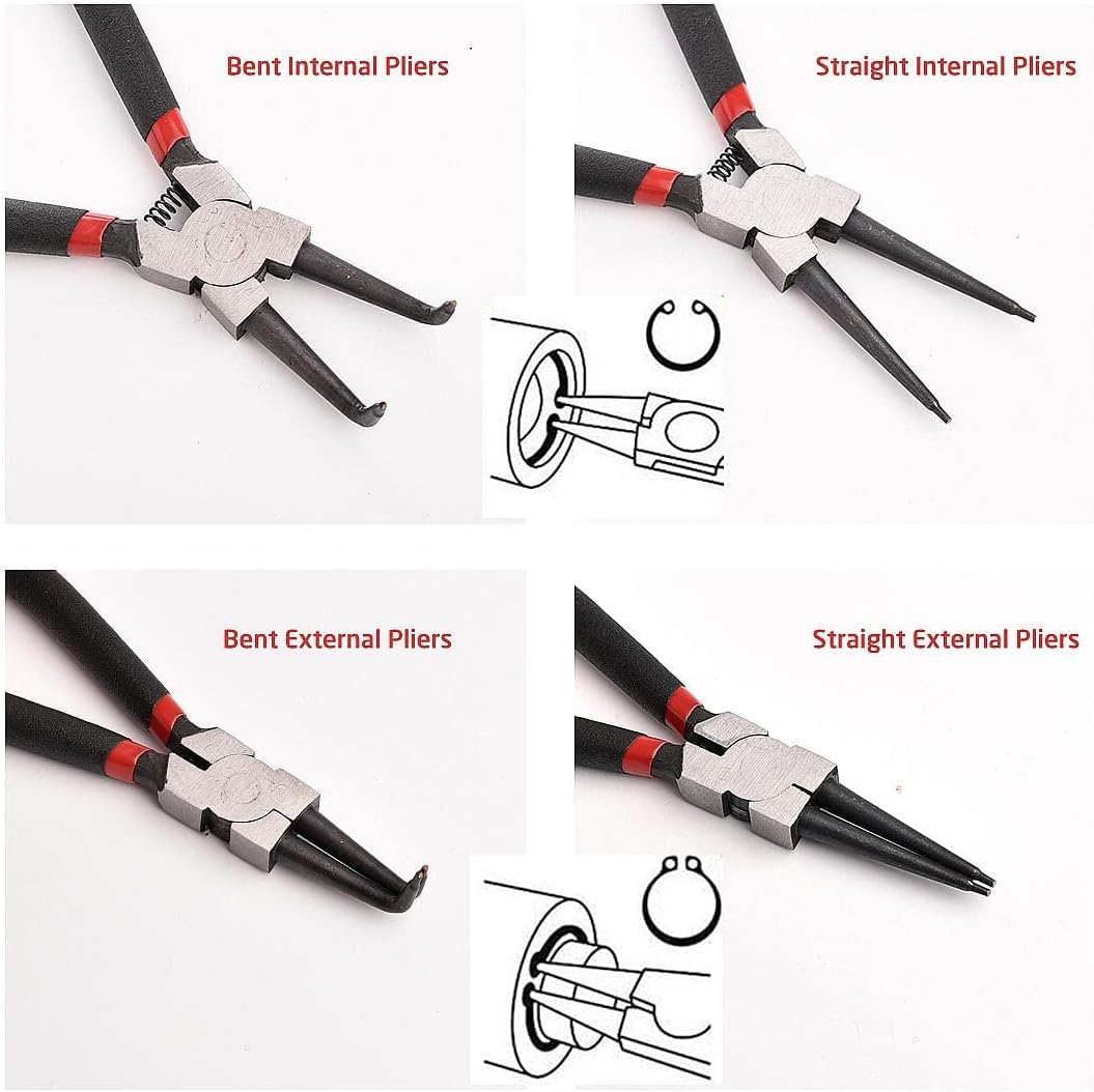 KEJJNYER 4 Pack Snap Ring Pliers Set, Heavy Duty C-Clip Plier, Internal/External Circlip Pliers, 7 inch Straight/Bent Retaining Ring Pliers for Lock/Remover with Portable Case