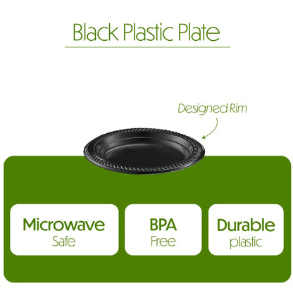 PLASTICPRO 200 PCS Black Plastic Plates Light Weight 6 Inch Plastic Dessert Plates Black Plates Disposable for Party and Wedding