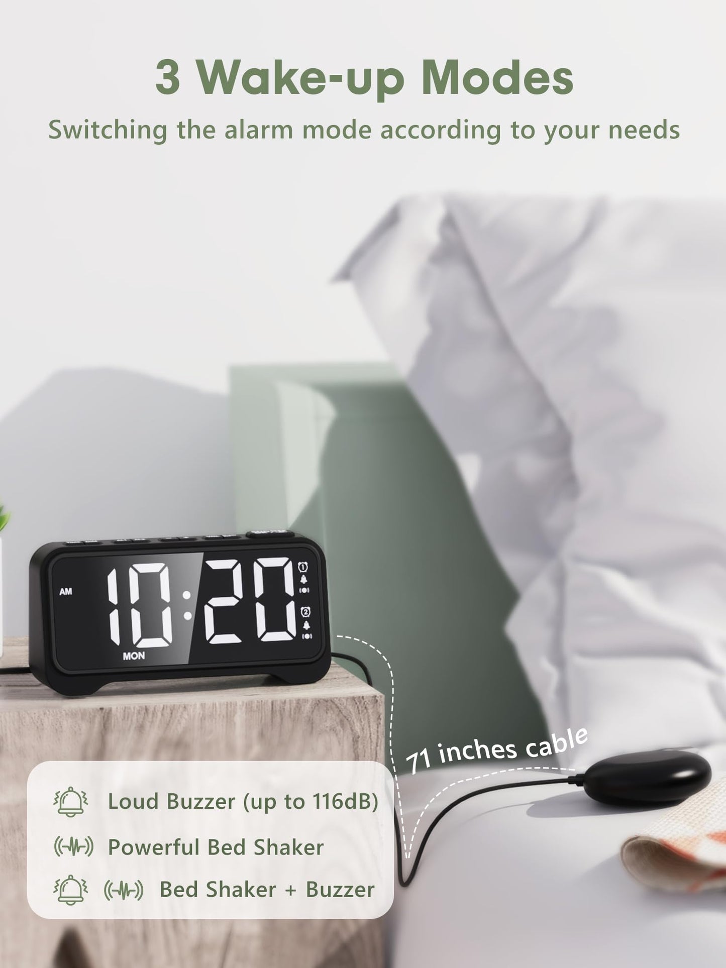 ROCAM Alarm Clock for Heavy Sleepers with Bed Shaker, Vibrating Alarm Clock Loud Dual Alarms, Brightness 0%-100% Weekday Weekend Mode, Power-Off Memory, Warm Night Light Clock for Bedroom