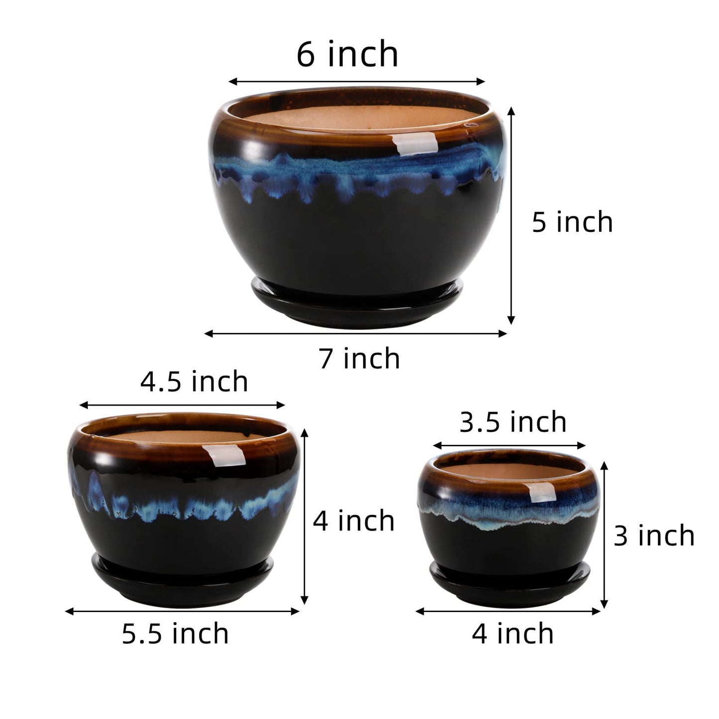 AVLA 3 Pack Ceramic Flower Pots, Gardening Drip Glazed Planter, Plant Pot with Drainage Hole and Saucer, 7/5/4 Inch Rustic Houseplant Container for Succulent Herbs Cactus Orchid, Home Indoor Outdoor