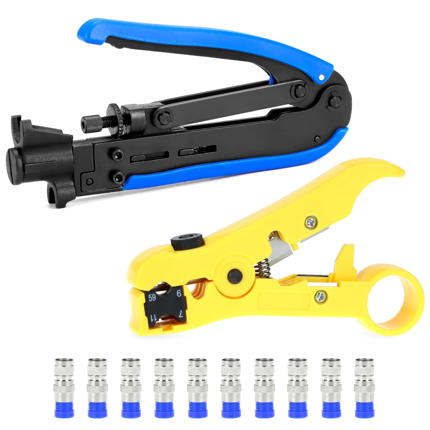 QWORK Coax Cable Crimper Kit with Adjustable Crimping Capability for RG6, RG59, RG11, Precision Cable Stripping and Cutting Tools with 10 RG6 F Connectors