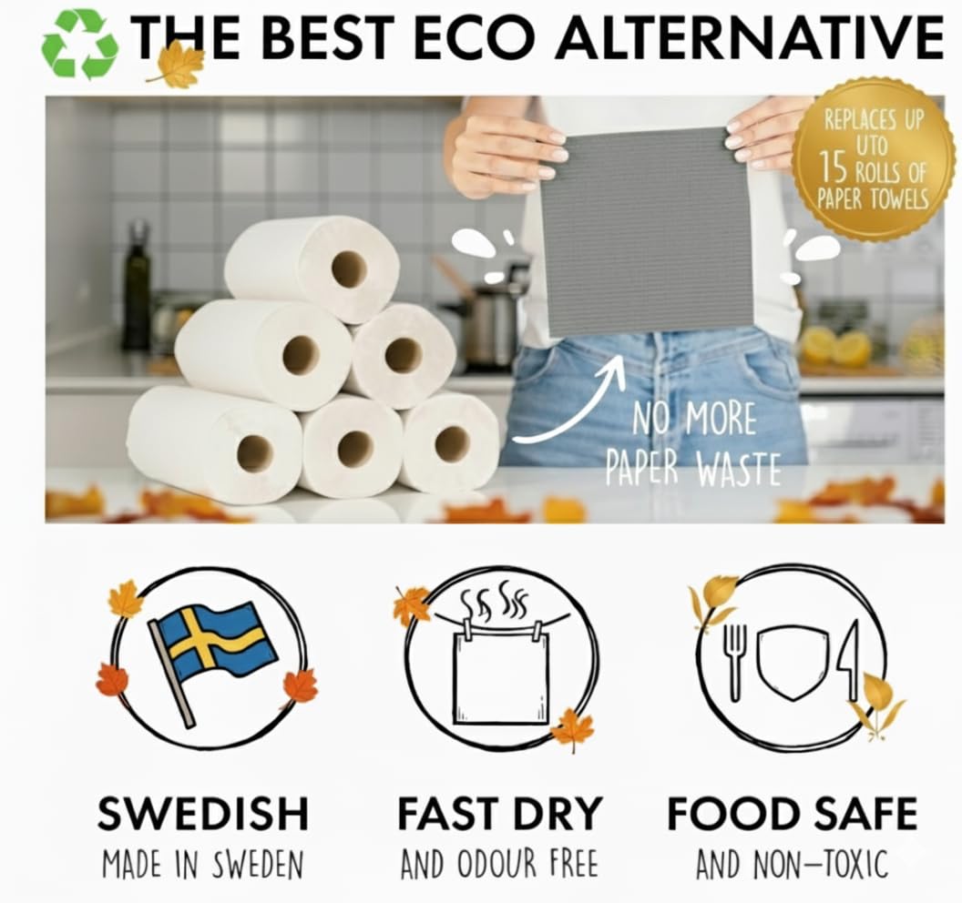 SUPERSCANDI 10 Pack Swedish Dish Cloths for Kitchen - 100% Biodegradable & Compostable | Washable Kitchen Cloths, Food-Safe & Without Plastic - Reusable Paper Towel for Any Surface | Grey
