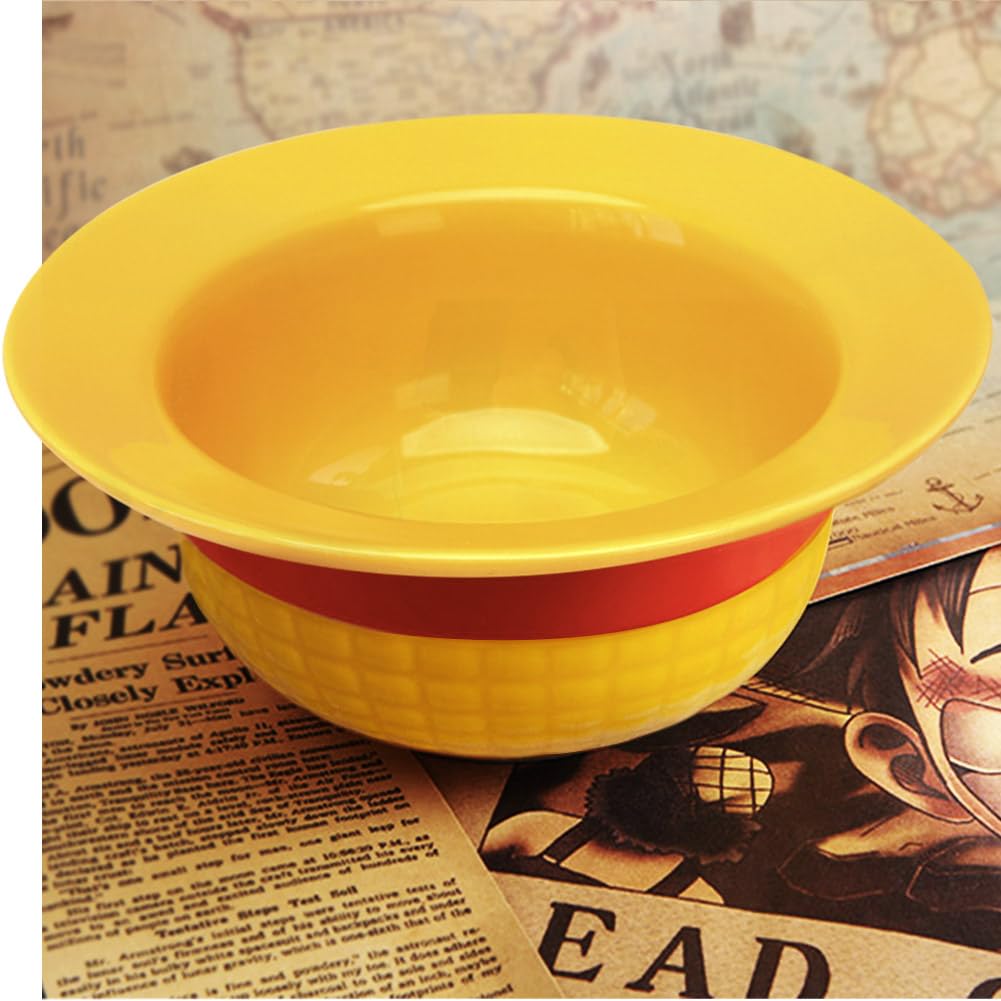 5 PCS Onepiece Anime LUFFYs Straw Hat Ceramic Bowl Set, 20 oz Anime Theme Merch Ramen Bowl + Captain Stainless Steel Fork & Spoon & Chopsticks + Enamel Pin + Exquisite Packaging Box