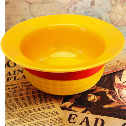 5 PCS Onepiece Anime LUFFYs Straw Hat Ceramic Bowl Set, 20 oz Anime Theme Merch Ramen Bowl + Captain Stainless Steel Fork & Spoon & Chopsticks + Enamel Pin + Exquisite Packaging Box