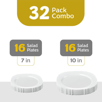 PLASTICPRO 32 Pack Elegant Disposable Plastic Plates Combo Set Includes 16 Dinner Plates and 16 Salad Heavy Duty Fancy Party Plates White Embossed Victorian Design