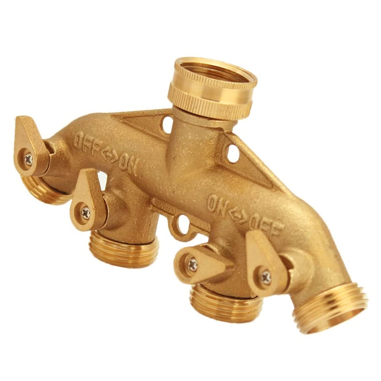 4 Way Garden Hose Splitter 3/4" GHT Solid Brass Hose Connector Heavy Duty Hose Spigot Adapter for Gardens/Home Life/Household Use with 4 Valves 8 Gaskets +2 Seal Tapes
