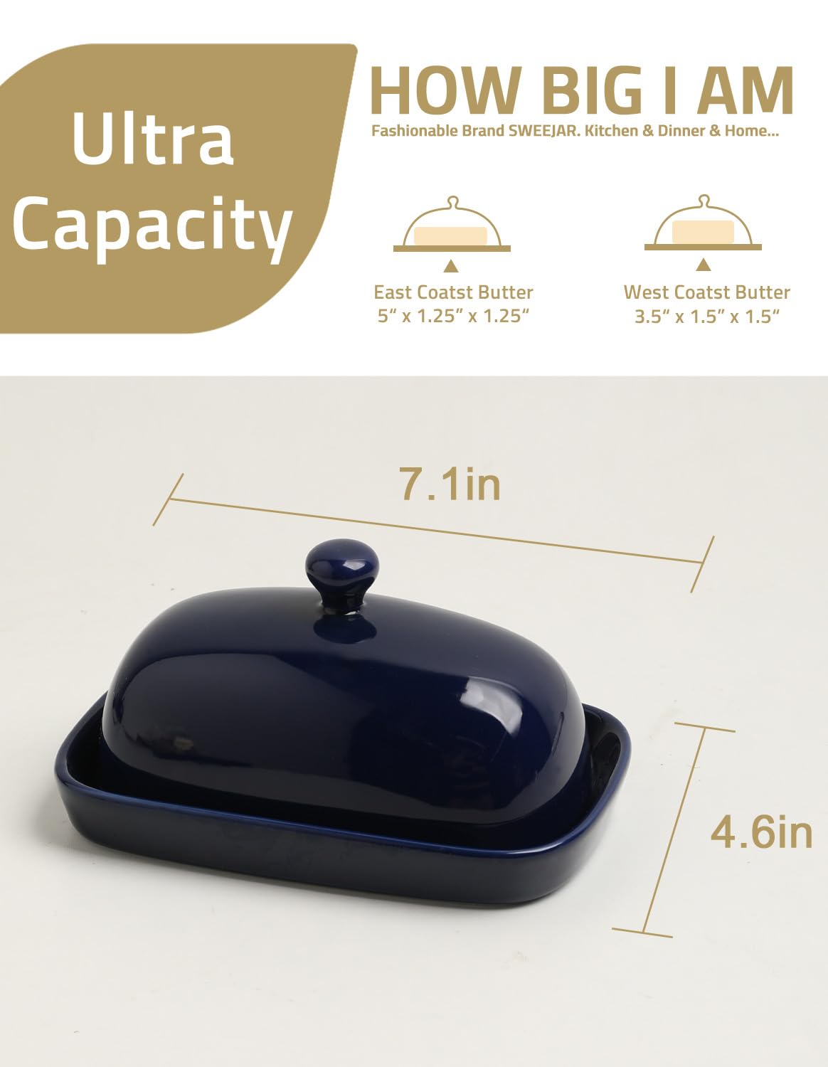 SWEEJAR Ceramics Butter Dish with Lid, Butter Keeper Container, East/West Coast Butter, 7 inches (Navy)