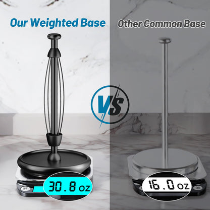 VEHHE Paper Towel Holder Countertop, One-Handed Tear Paper, Weighted Base with EVA Non-Slip Pad, Stainless Steel, Kitchen Towel Holder Stand with Ratchet Mechanism for Kitchen Bathroom Black