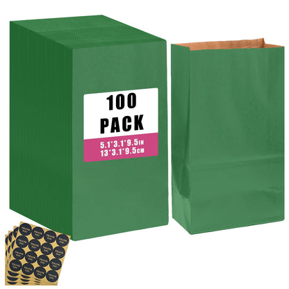 qiqee 100 Pcs Deep Green Treat Paper Bags with 100 Stickers 5.1"x3.1"x9.4" Brown Kraft Small Party Gift Bag without Handle