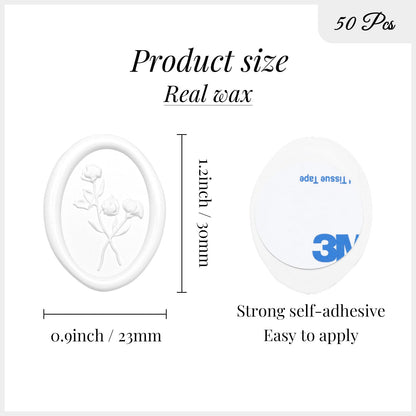 UNIQOOO 3D Floral Wax Seal Stickers - 50Pcs Elegant Oval Self-Adhesive Seals in Snow White, for Wedding Invitations, Christmas, Envelopes & Party Decor