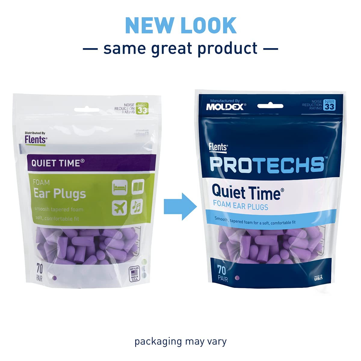 Flents Foam Ear Plugs, 70 Pair for Sleeping, Snoring, Loud Noise, Traveling, Concerts, Construction, & Studying, NRR 33, Purple, Made in the USA