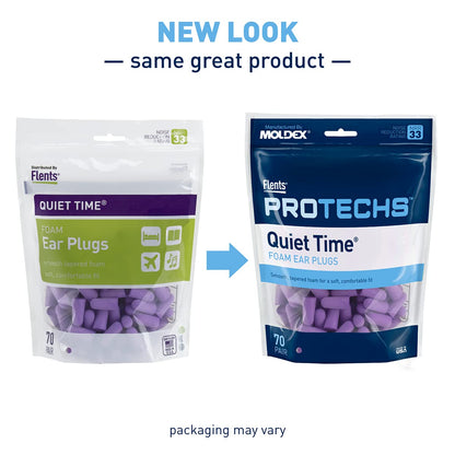Flents Foam Ear Plugs, 70 Pair for Sleeping, Snoring, Loud Noise, Traveling, Concerts, Construction, & Studying, NRR 33, Purple, Made in the USA