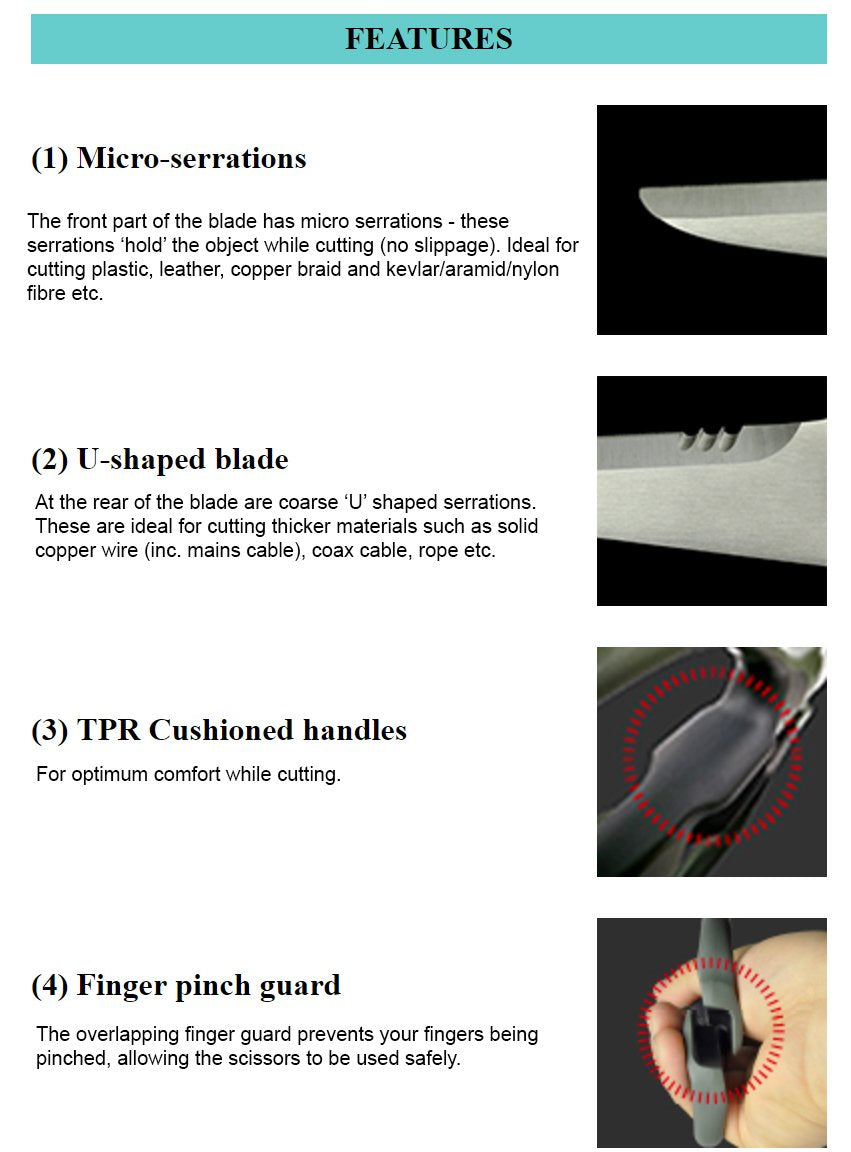 Versatile Scissors with Integral Finger Guard - cuts Kevlar Fibre, Leather Belts, Mains Cable,Copper Braid, coaxial Cable, Rope & More. Made in Japan. Engineer ph-57