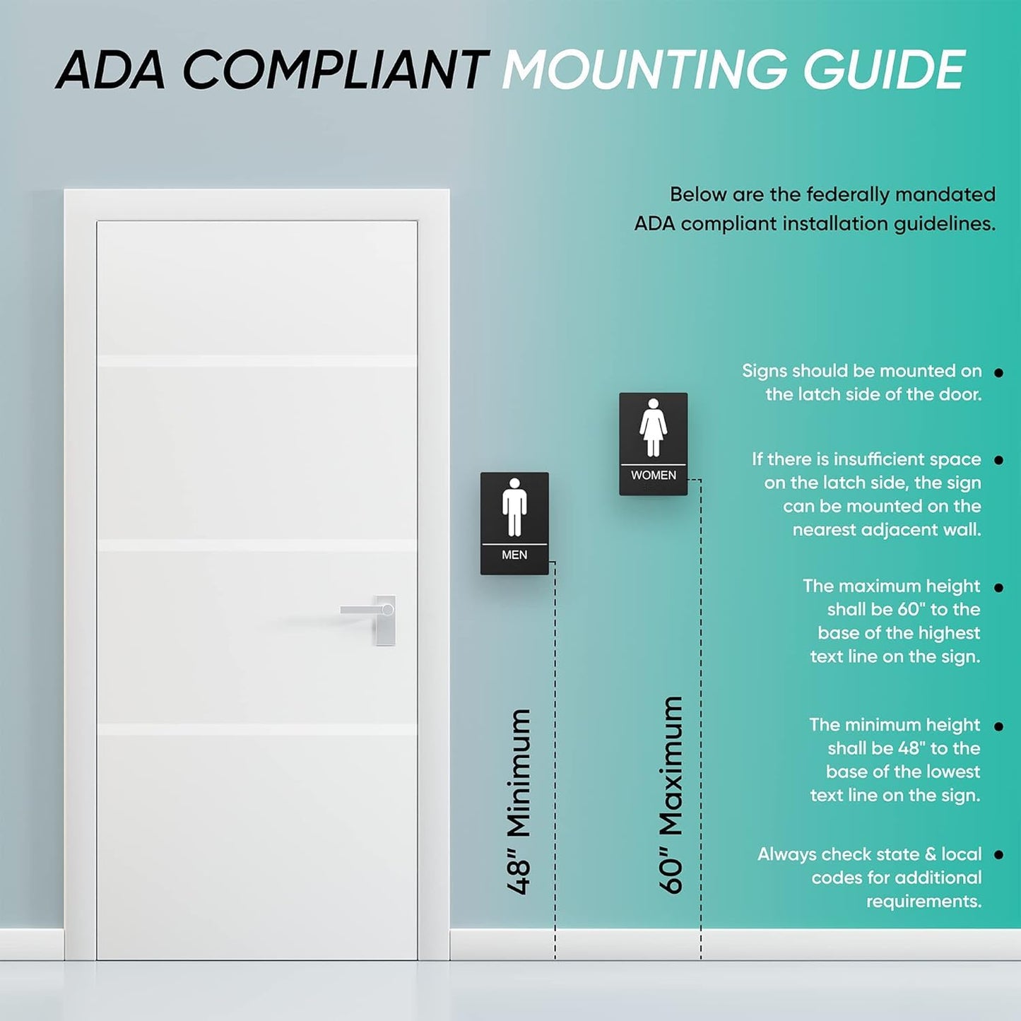 Washroom Sign, Bathroom Signs For Business - Ideal Restroom Sign For Men and Women - 2 Pack - 9" by 6" - ADA Compliant with Braille and Handicap Symbol - Strong Double-Sided Adhesives - Apply to Door or Wall