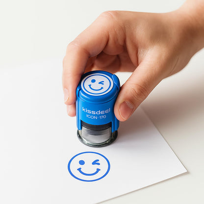 Self-Inking Thumbs Up & Smiley Face Stamp (18mm) - Blue Pre-Inked Rubber Stamp for Teacher Grading, Customer Service Gratitude, Office Appreciation & "Service with a Smile" - Refillable (Blue Ink)