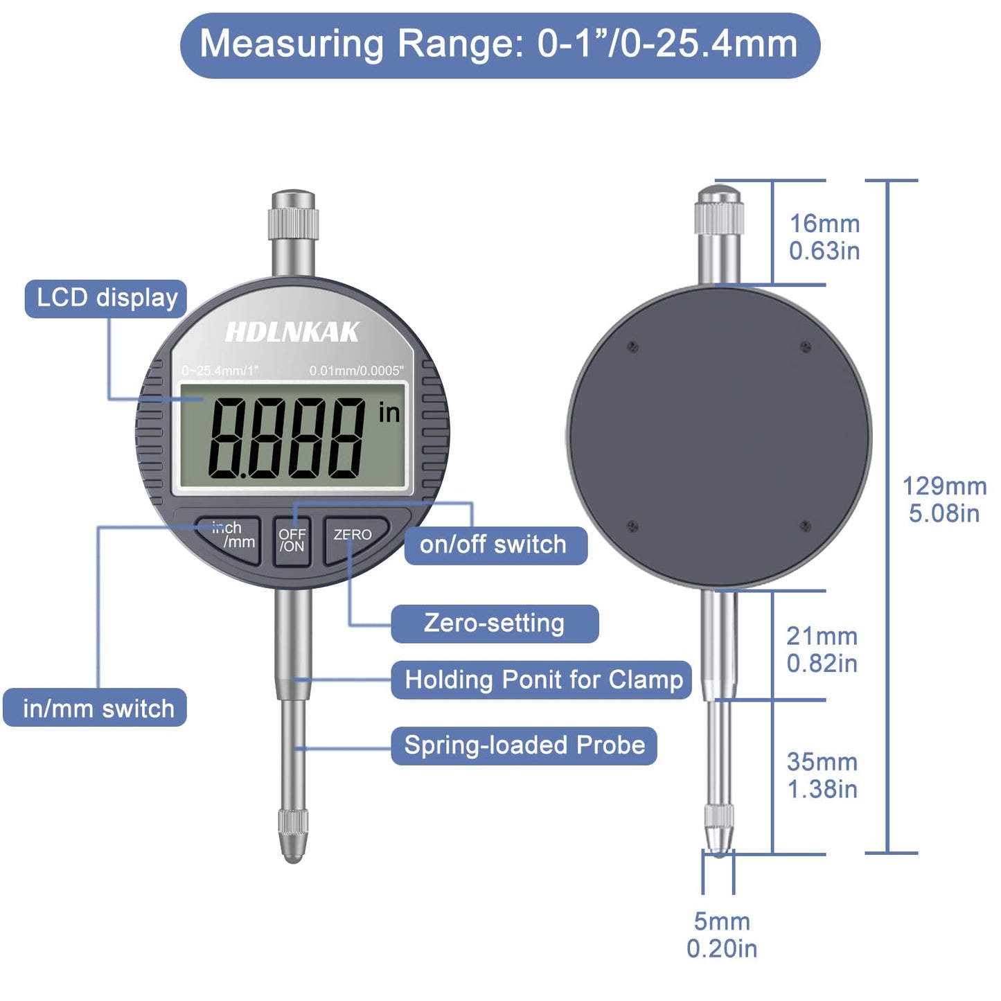 HDLNKAK Electronic Digital Dial Indicator Gauge Inch/Metric Conversion 0-1 Inch/25.4 mm Digital Probe Indicator Dial Test Gauge High Resolution: 0.0005''/0.01mm
