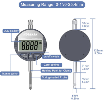HDLNKAK Electronic Digital Dial Indicator Gauge Inch/Metric Conversion 0-1 Inch/25.4 mm Digital Probe Indicator Dial Test Gauge High Resolution: 0.0005''/0.01mm