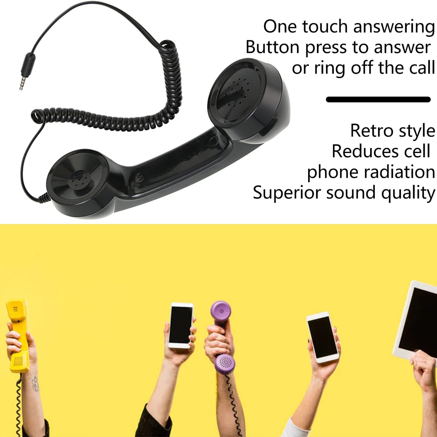 3.5mm Retro Telephone Handset, Cell Phone Handset, Cell Phone Receiver Microphone Speaker, for Smartphones and Computers with 3.5mm Headphone Jack (Black)