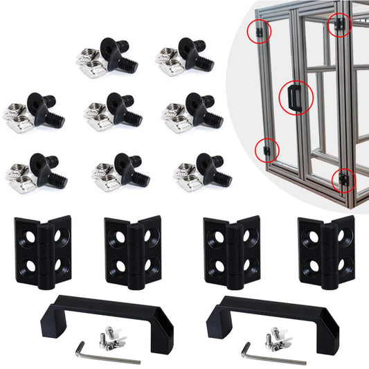 Boeray 2 Sets 2020 Aluminum Extrusion Profile Slot 6mm Door Handle and Frame Hinges Install Kit-4pcs Black Zinc Alloy Hinges, 2pcs Aluminum Handles,20pcs T-Nuts, 20pcs Hex Screws,2pcs Wrench