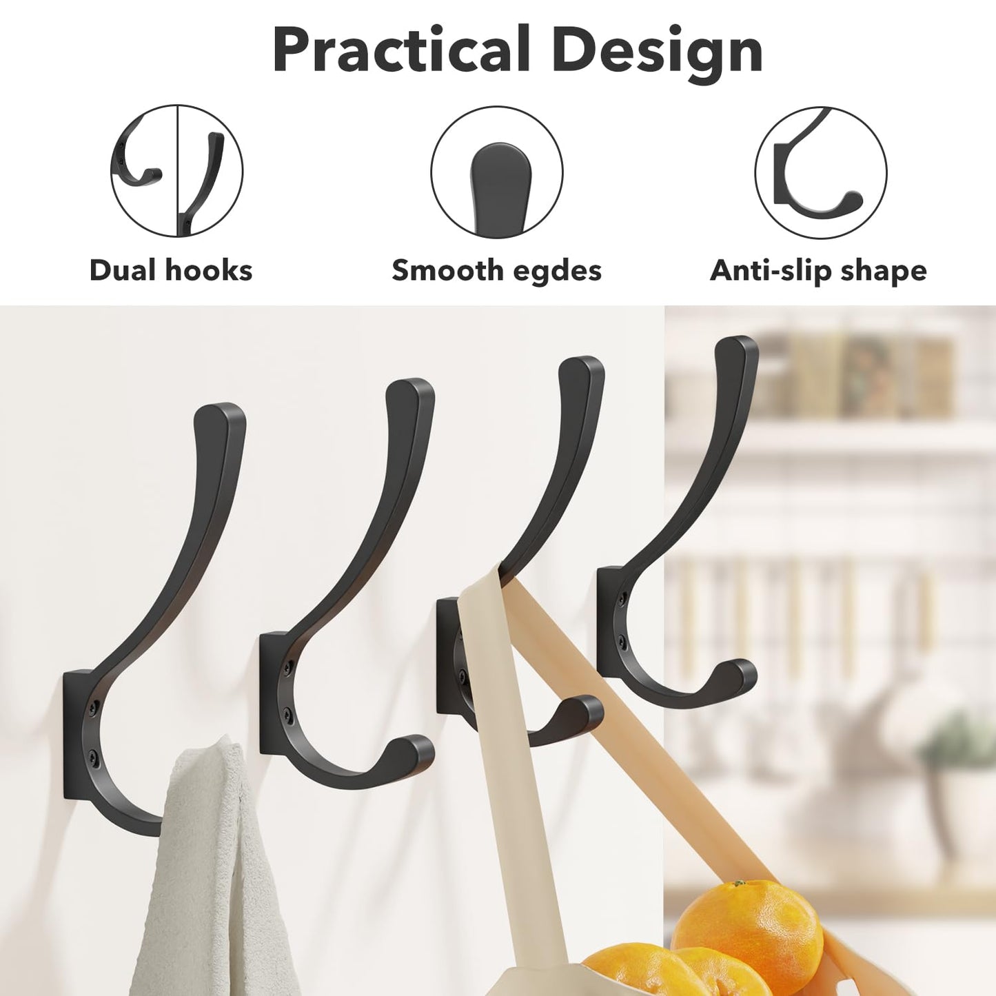 8-Pack Heavy Duty Wall Hooks - Black Coat Hanger Hooks, Screw In, Metal, For Hanging Coats, Backpacks, Purses