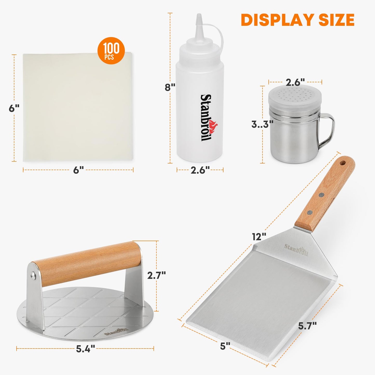 Stanbroil 5 Piece Smash Burger Press Kit for Flat Top Grill, Stainless Steel Grill Spatula and Burger Smasher, Spice Shaker, Squeeze Bottles and Patty Paper for BBQ Griddle Cooking