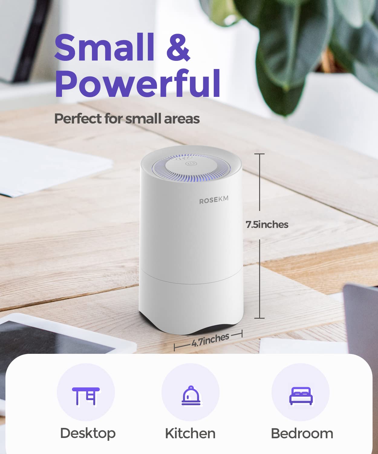 ROSEKM Small Air Purifier for Home Bedroom, Personal Desk Mini Air Purifier, Room Hepa Air Purifier Fresheners Cleaner for Dorm, Pets, Smoke, Desktop, Office (White)