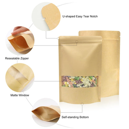 SumDirect Kraft Stand Up Pouches - 100Pcs Resealable Kraft Paper Stand Up Bags with Window, Zipper Disposable Food Storage Bags for Home or Business (100, 4.7x7.8inch)