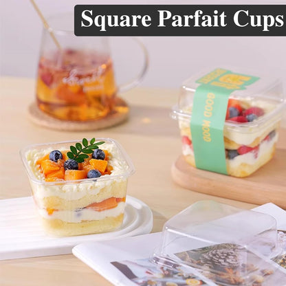 50Pack 8 oz Square Plastic Dessert Cups with Lids and Individually Wrapped Spoons, Clear Disposable Plastic Yogurt Parfait Cups for Cupcake Mousse Yogurt Pudding Mousse Fruits (50Pack)