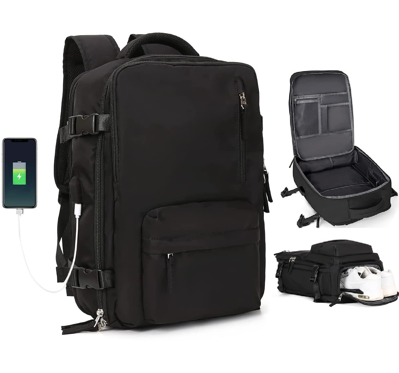 Carry on Backpack for Women Men, Travel Backpack with Shoe Compartment & Wet Pocket, College Business Laptops Backpack with USB Charging Port Waterproof Casual Daypack Luggage for Sports Travel, Black