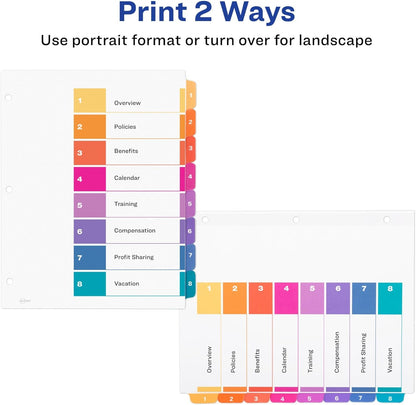 Avery Ready Index Table of Content Dividers for Laser and Inkjet Printers, 8 tabs, Multi-Colour, 6 Sets, (11189)